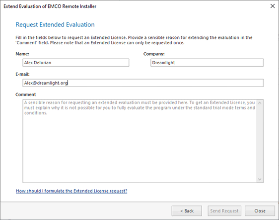 The Request Extended Evaluation form The Request Extended Evaluation form
