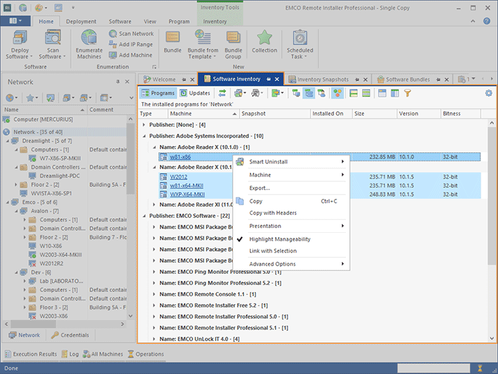 Software inventory displayed for a set of remote Machines