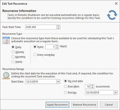 The recurrence types in the Edit Task Recurrence dialog