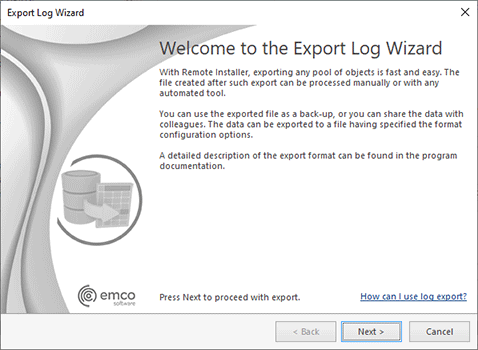 The Export Log Wizard welcome page