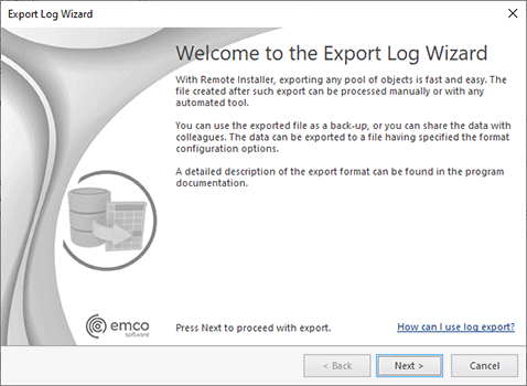 The Export Log Wizard welcome page The Export Log Wizard welcome page