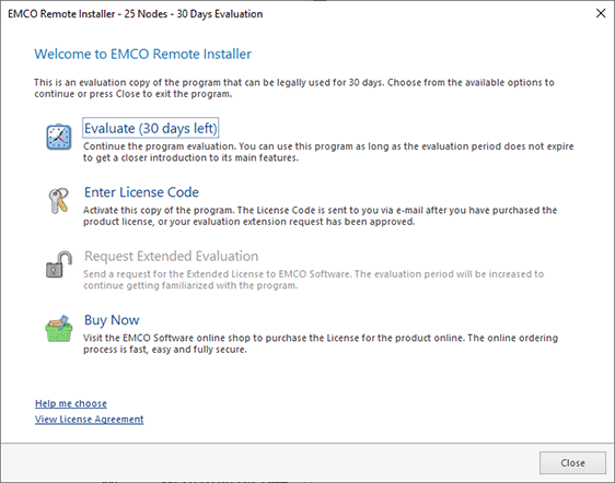 The EMCO Remote Installer Evaluation Wizard welcome page The EMCO Remote Installer Evaluation Wizard welcome page