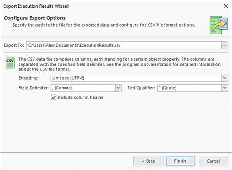 Configuring the export options Configuring the export options