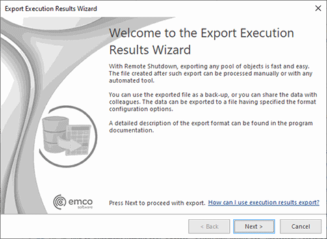 The Export Execution Results Wizard welcome page