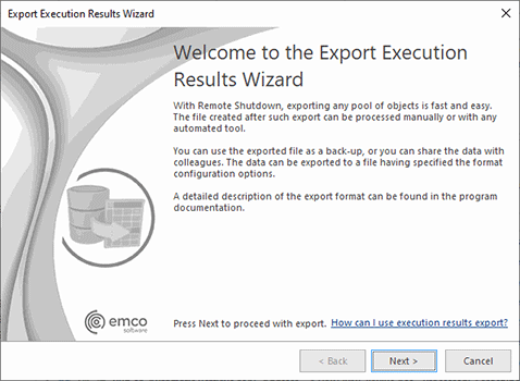 The Export Execution Results Wizard welcome page The Export Execution Results Wizard welcome page