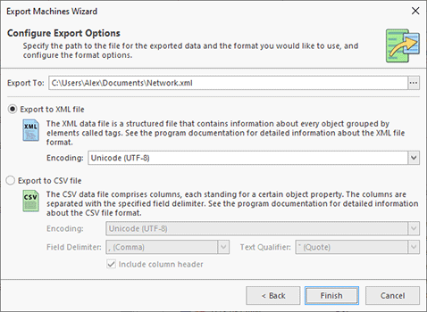 Configuring the export options Configuring the export options