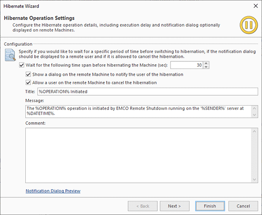 Configuring a hibernate operation