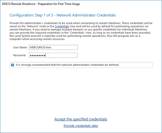 Credentials configuration in Initial Configuration Wizard