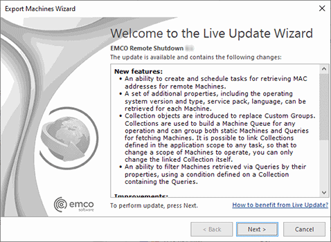 The Live Update Wizard welcome page The Live Update Wizard welcome page