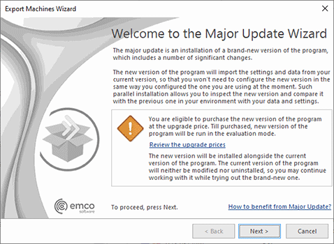 The Major Update Wizard welcome page