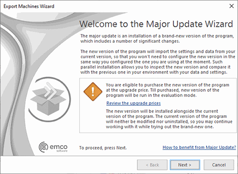 The Major Update Wizard welcome page The Major Update Wizard welcome page