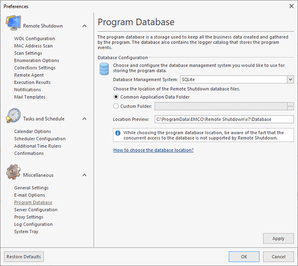 Configuring the SQLite database