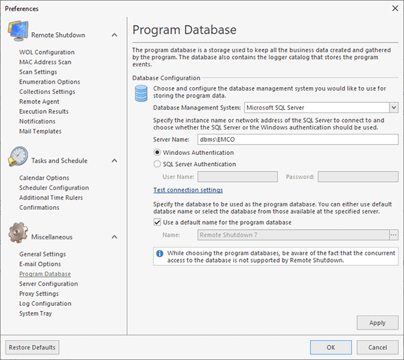 Configuring the Microsoft SQL Server database