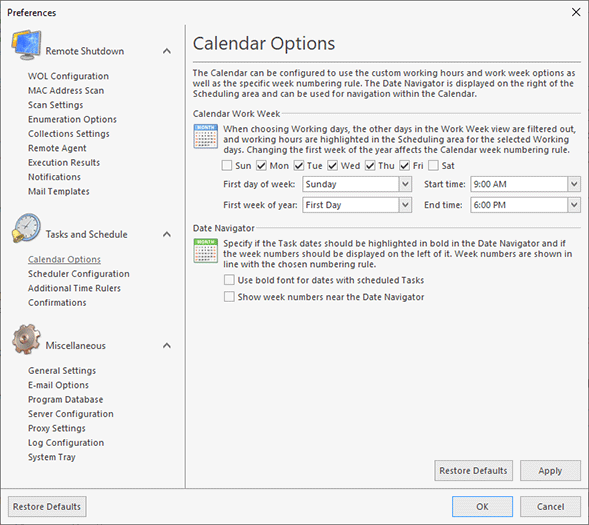 Configuring the Calendar Options