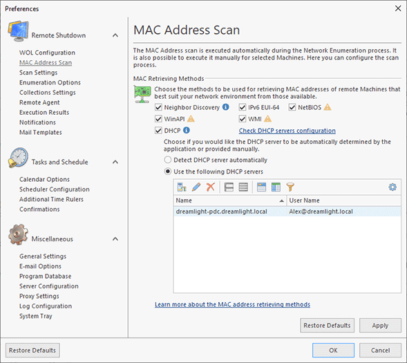 Configuring the MAC address scan