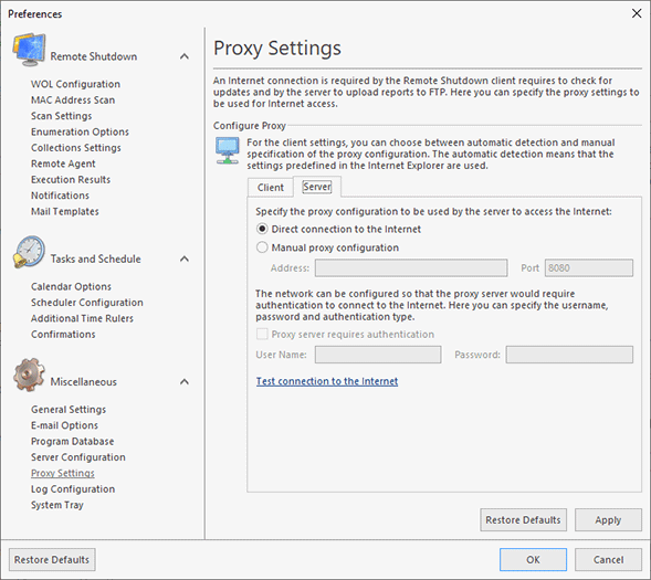 Server proxy settings Server proxy settings