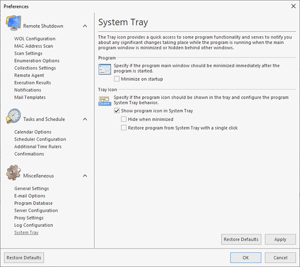 Configuring the System Tray behavior