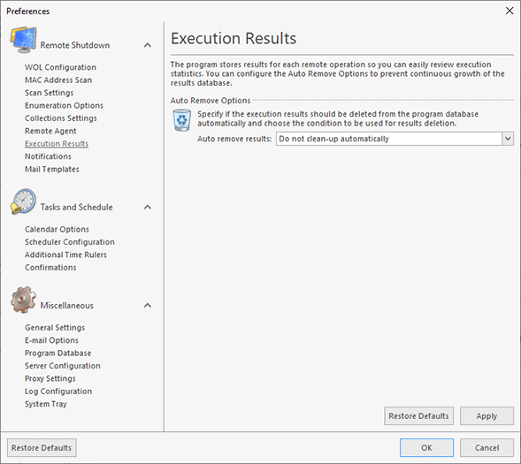 Configuring automatic removal of execution results