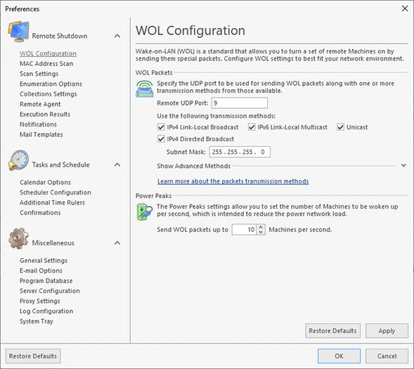 WOL transmission methods configuration