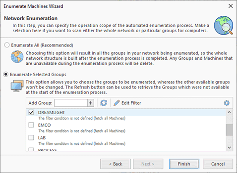 Selecting domains and workgroups for enumeration