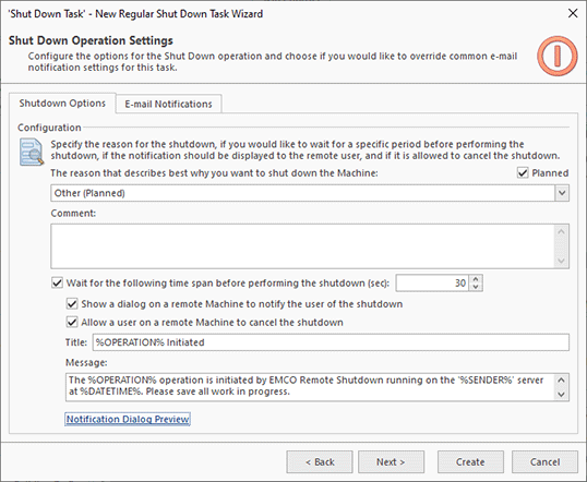 Shutdown options configuration in a task Shutdown options configuration in a task