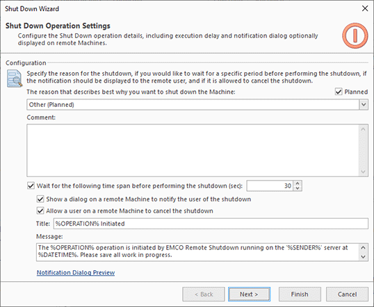 Configuring a shutdown operation