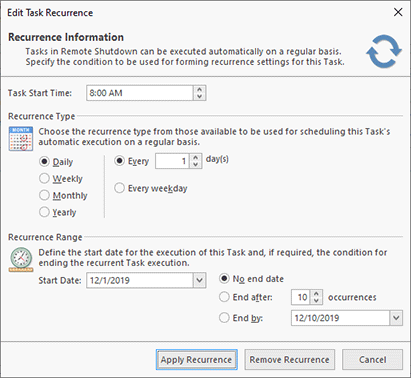 The recurrence types in the Edit Task Recurrence dialog The recurrence types in the Edit Task Recurrence dialog