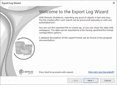 The Export Log Wizard welcome page The Export Log Wizard welcome page