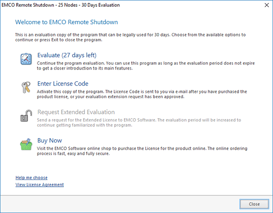 The EMCO Remote Shutdown Evaluation Wizard welcome page The EMCO Remote Shutdown Evaluation Wizard welcome page