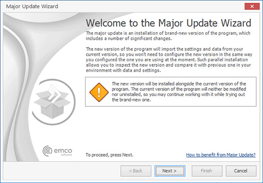 The Major Update Wizard welcome page The Major Update Wizard welcome page